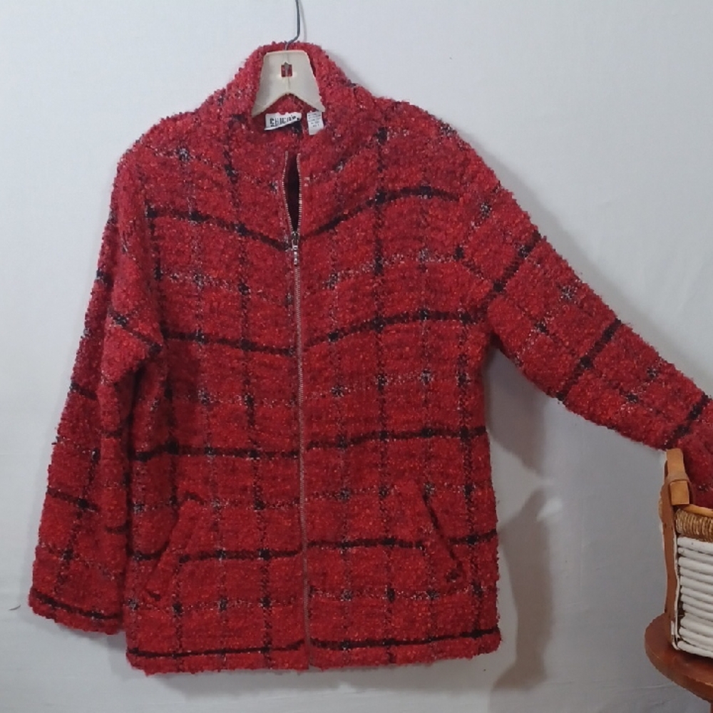 Chico's Red and Black Plaid Teddy Jacket Size 1